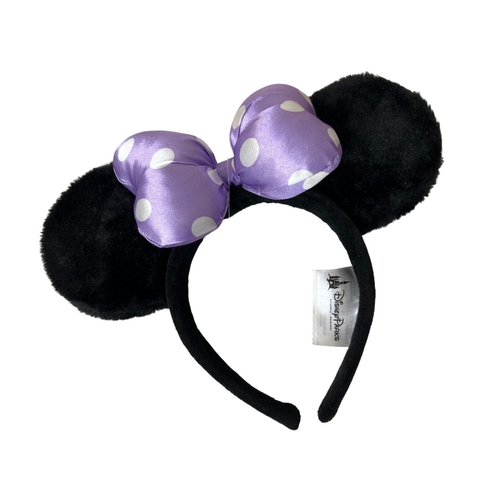Disney Parks Minnie Mouse Ears Headband Black Faux Fur Purple Polka Dot Bow